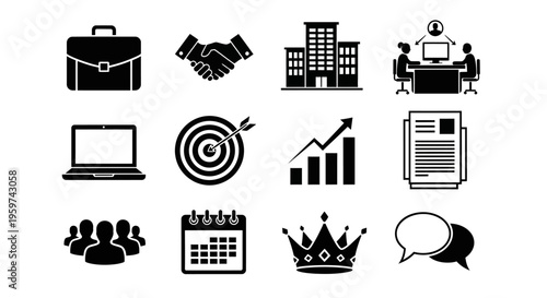 Comprehensive set of modern business and corporate vector icons depicting teamwork, strategy, financial growth, and professional management concepts for diverse organizational needs