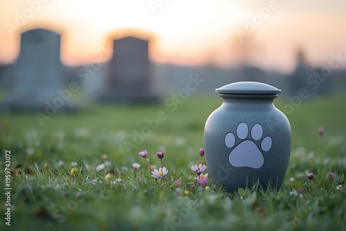 Pet urn with paw print detail in a grassy graveyard at sunrise, symbolizing remembrance and pet loss