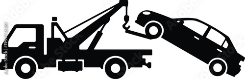 Tow truck silhouette, car towing service, roadside assistance vehicle, breakdown recovery transport, emergency auto support vector illustration