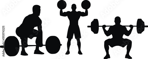 Weightlifting silhouettes set, gym fitness training poses with barbell squat deadlift and strength workout athletes