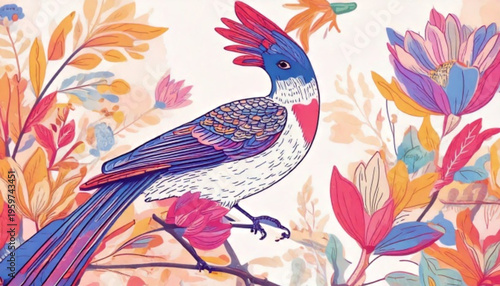 Colorful Bird Perched Branch.