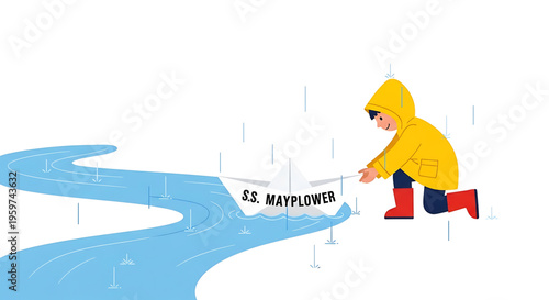A young boy in a yellow raincoat and red boots plays with a toy boat named S.S. Mayflower in a blue stream on a rainy day