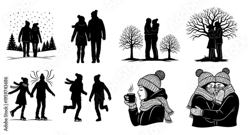 Winter couple illustrations, silhouettes of people enjoying frosty weather and snow