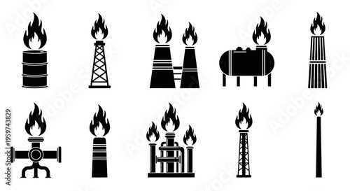 Collection of industrial icons depicting oil and gas industry elements like flares, towers, and storage tanks