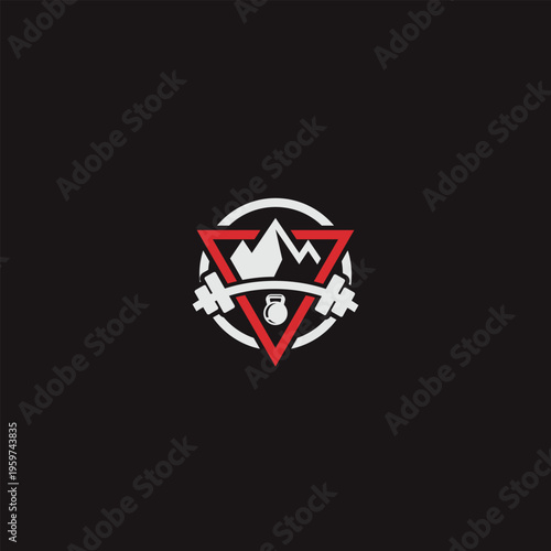Gym Fitness Logo Design with Mountain and Weights Symbol.