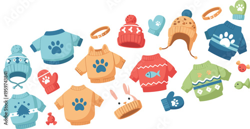 Cute kids winter clothing collection flat vector illustration sweaters hats mittens with animal prints warm seasonal apparel set isolated