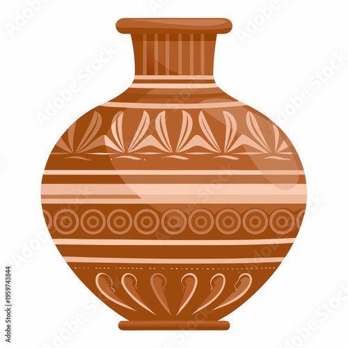 An ancient terracotta vase with decorative horizontal bands and patterns