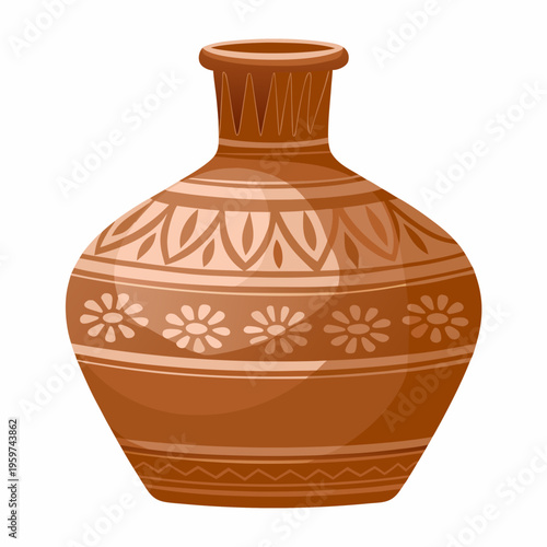 A detailed illustration of an ancient terracotta vase with decorative patterns