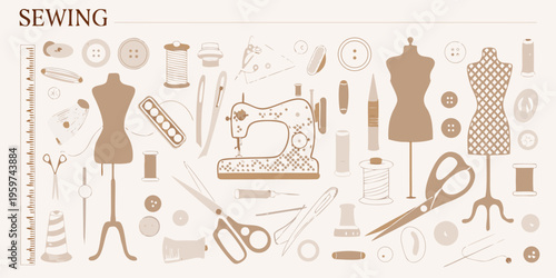A collection of sewing tools and equipment in a neutral palette