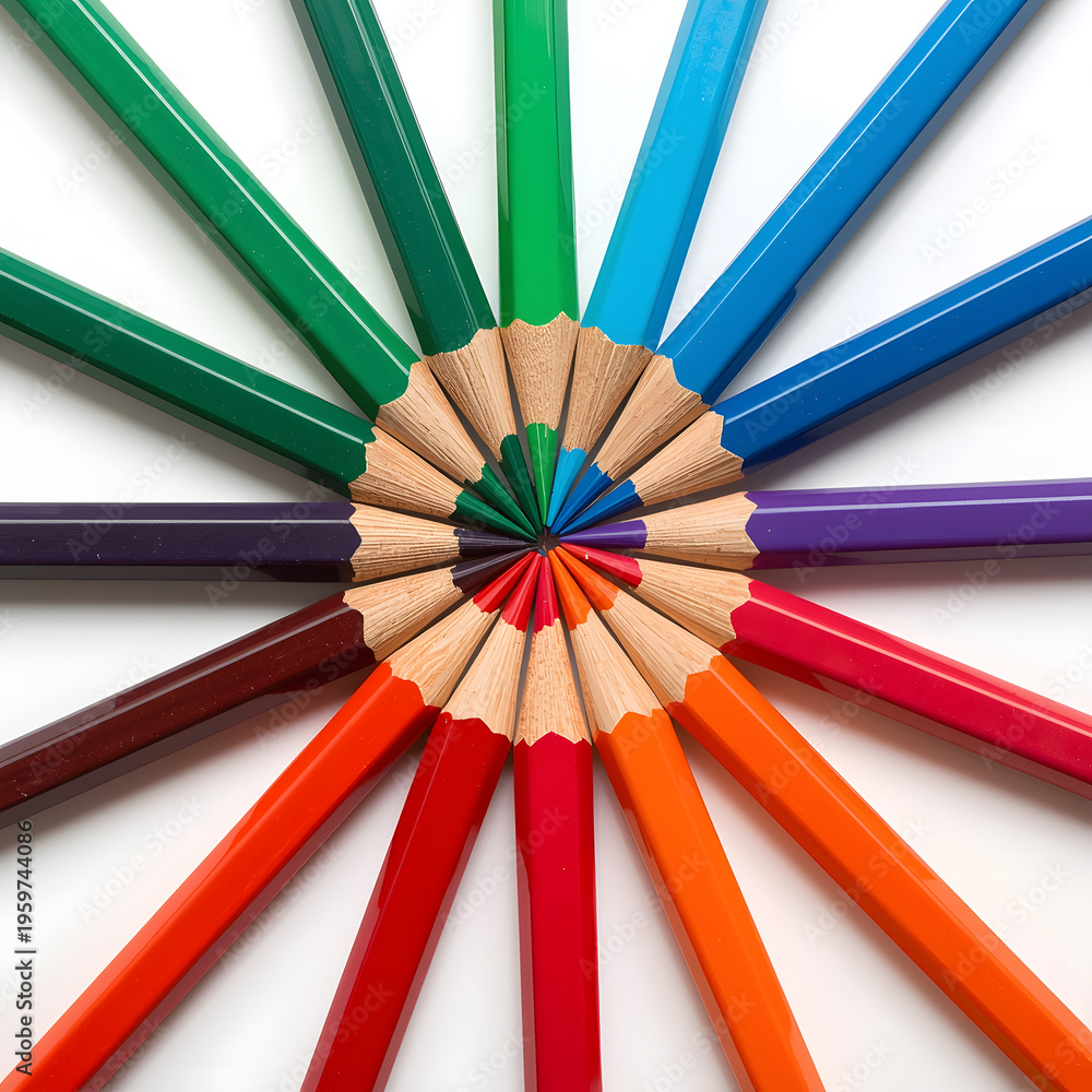 Naklejka premium Vibrant Color Pencils Arranged in a Radiant Circle – Creative Art Supplies Showcase