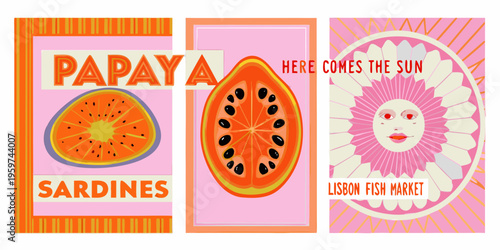 Three vibrant illustrations featuring papaya sardines and a stylized sun