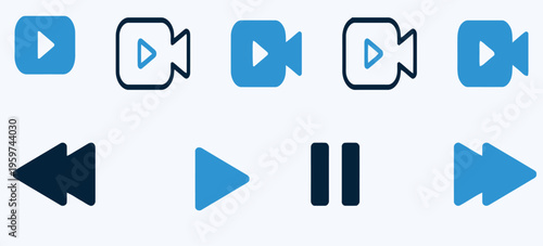 Set of blue video player icons including play, pause, rewind, fast forward, and camera