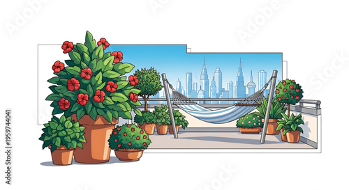 A serene rooftop garden with potted plants and a hammock overlooking a city skyline