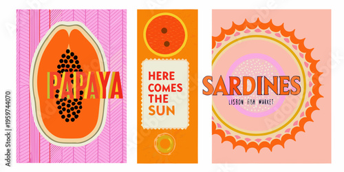 Three vibrant illustrated panels featuring papaya sun and sardines