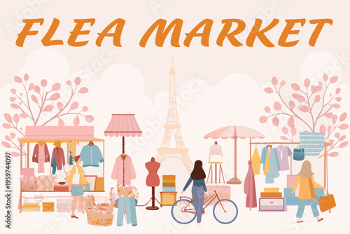 A vibrant flea market scene with shoppers and a parisian backdrop