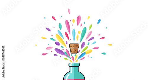A colorful vector graphic illustration of a bottle with a cork popping out and colorful paint splashes erupting from it.