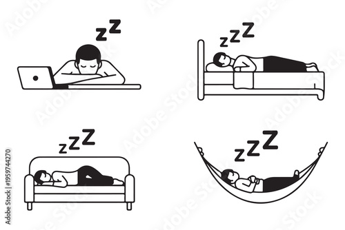 Collection of people sleeping in various locations including bed sofa hammock and office desk for napping