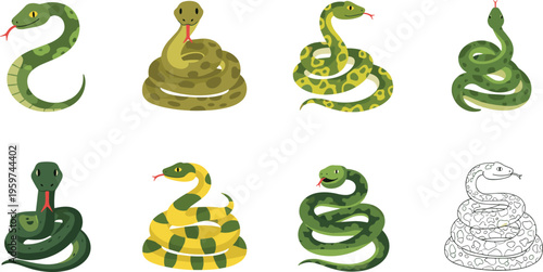 Snake cartoon character set vector illustration featuring cute coiled snakes in different poses colorful reptile animal collection isolated on white background design elements