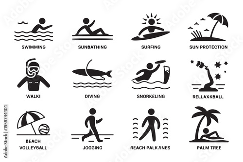 Beach vacation icons set for summertime fun activities like swimming sunbathing surfing and protection holidays