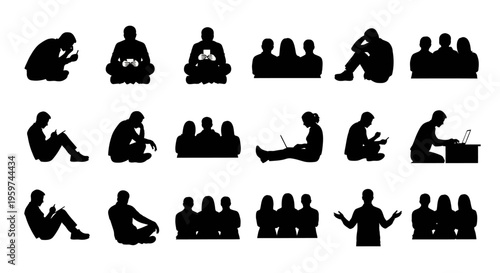 Versatile collection of modern human silhouettes showcasing individual activities, social interactions, group dynamics, and digital engagement, ideal for diverse conceptual representations