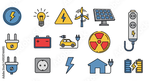 Collection of Electricity and Energy Icons Power, Renewable Sources, and Electrical Components