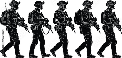 Soldier silhouettes walking in line, tactical gear rifles helmets backpacks, military patrol formation, armed unit discipline, coordinated combat readiness illustration design