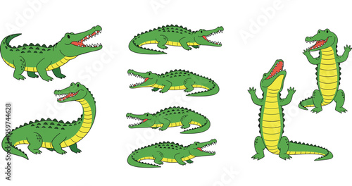 Crocodile cartoon character set vector illustration featuring green alligators in different poses wild reptile animal collection isolated on white background design elements