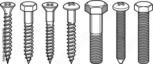 Set of various metal screws, bolts, and fasteners in line art style for industrial hardware, construction projects, repair works, and engineering design.