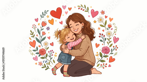 A tender illustration of a loving mother and her young daughter sharing a warm and happy embrace