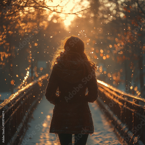 Woman walking on snow-covered bridge.
