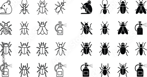 Insect pest control line and solid icons set vector collection featuring bugs beetles flies ants and spray symbols isolated on white background design elements