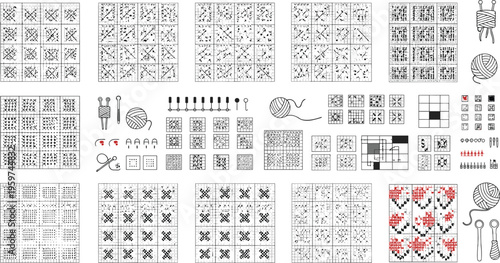 Knitting patterns and stitch charts collection flat vector illustration crochet symbols grids needles yarn and handmade textile design elements set