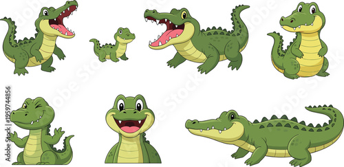 Cute crocodile cartoon character set vector illustration featuring adorable alligators in different poses smiling reptile animal collection isolated on white background design elements