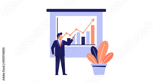 Businessman in suit presenting data chart.