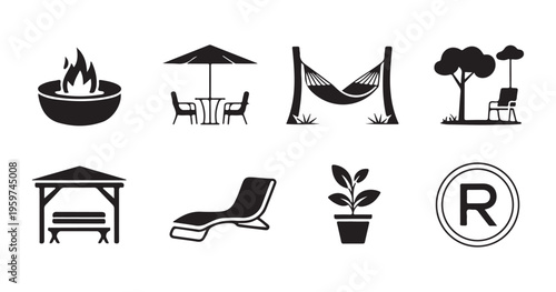 Garden furniture symbol collection including bonfire station dining set hanging bed porch swing and lounger