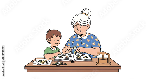 An elderly woman and a young boy sitting at a table, engaged in a fun educational activity with a book and flowers.