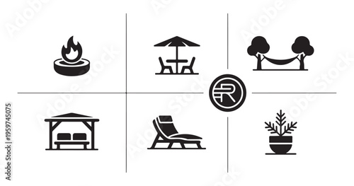 Backyard living icons set featuring fire pit patio table hammock gazebo lounge chair and potted plant decor