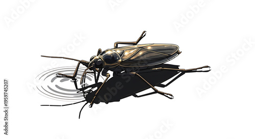 A detailed vector illustration of a water strider insect on the surface of water