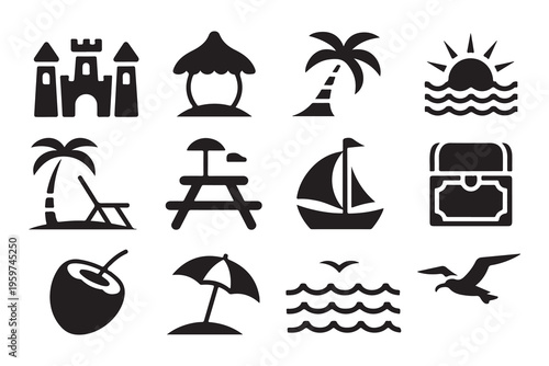 Summer vacation, travel and beach icons in a vector illustration, isolated on white background, black signs