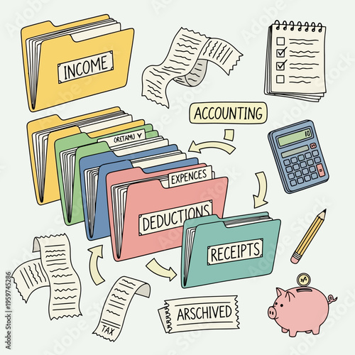 Organizing financial documents and expenses with folders, calculator, piggy bank, and accounting papers