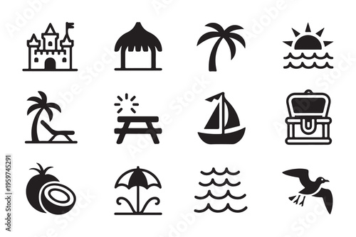 Summer vacation, travel and beach icons in a vector illustration, isolated on white background, black signs