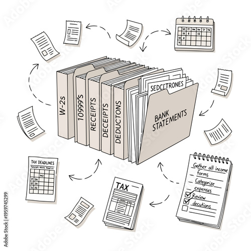 Visualizing efficient financial organization for tax preparation with essential documents, receipts, bank statements, and systematic folder management