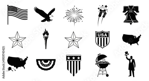 A versatile collection of monochrome American patriotic symbols and celebration icons, perfect for national holidays and events illustrating independence and freedom