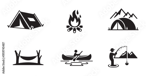 Set of vector icons for camping and outdoor activities like hiking fishing and canoeing adventure set