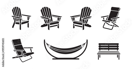 Outdoor and indoor seating icons set, different types of chairs and benches, vector illustration, furniture