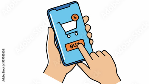 Online shopping on smartphone with hand clicking buy button