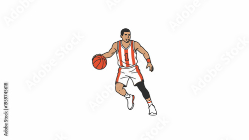 Basketball player dribbling ball in red striped jersey illustration