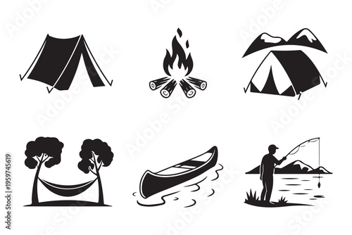 Set of vector icons for camping and outdoor activities like hiking fishing and canoeing adventure set
