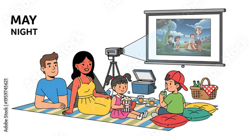 A family enjoys a movie night outdoors with a projector and picnic