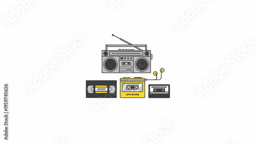 Retro boombox walkman and cassette tapes icon set